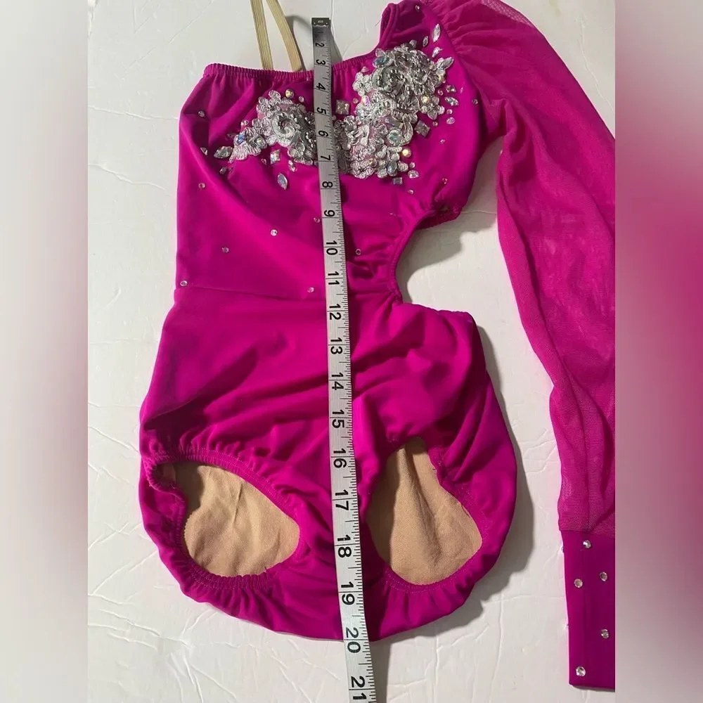 Custom made solo dance costume hot pink rhinestone illusion skirt LC child